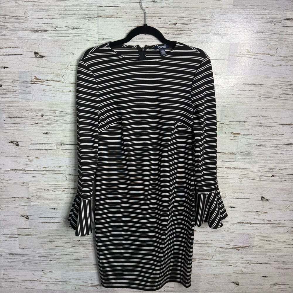 Chaps Black and White Striped Midi Dress size 6 bell sleeves